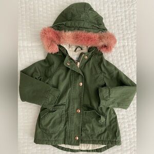Green Parka with Pink Faux Fur Trim